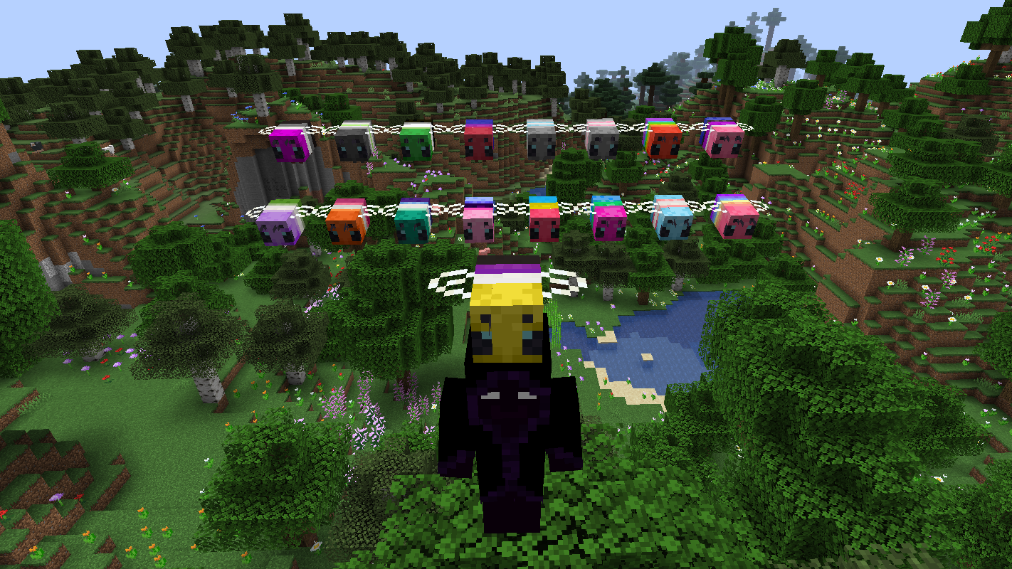 The mod creator in Minecraft in front of all 17 different pride bees, with the nonbinary one sitting on their head.