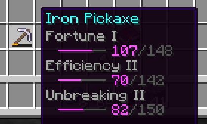 A tooltip for an enchanted iron pickaxe showing a progress bar for each enchantment