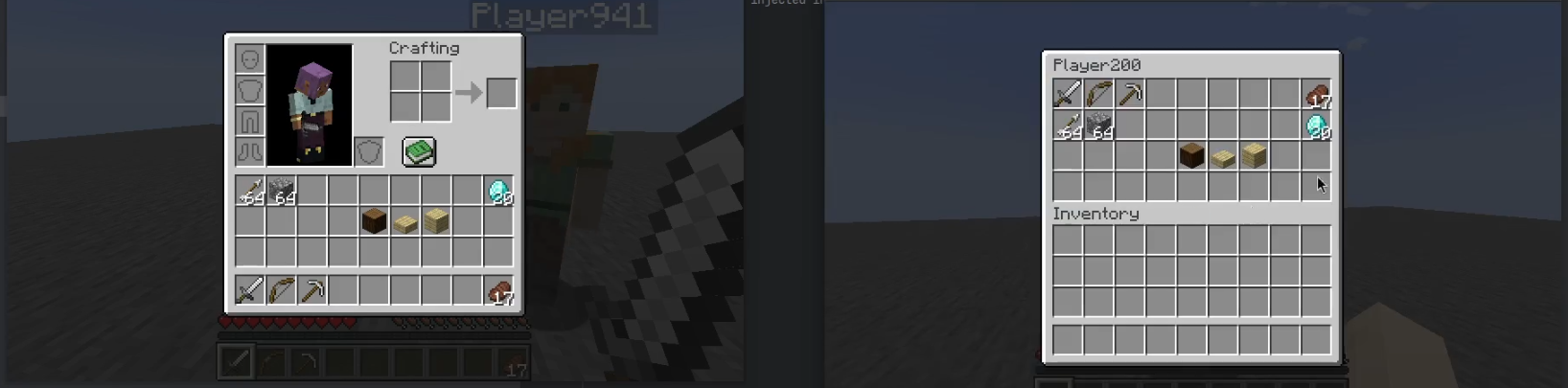 One player with their inventory open normally and another player opening the first player's inventory