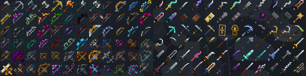An image of multiple rows and columns showcasing the weapons from MC Dungeons Weapons