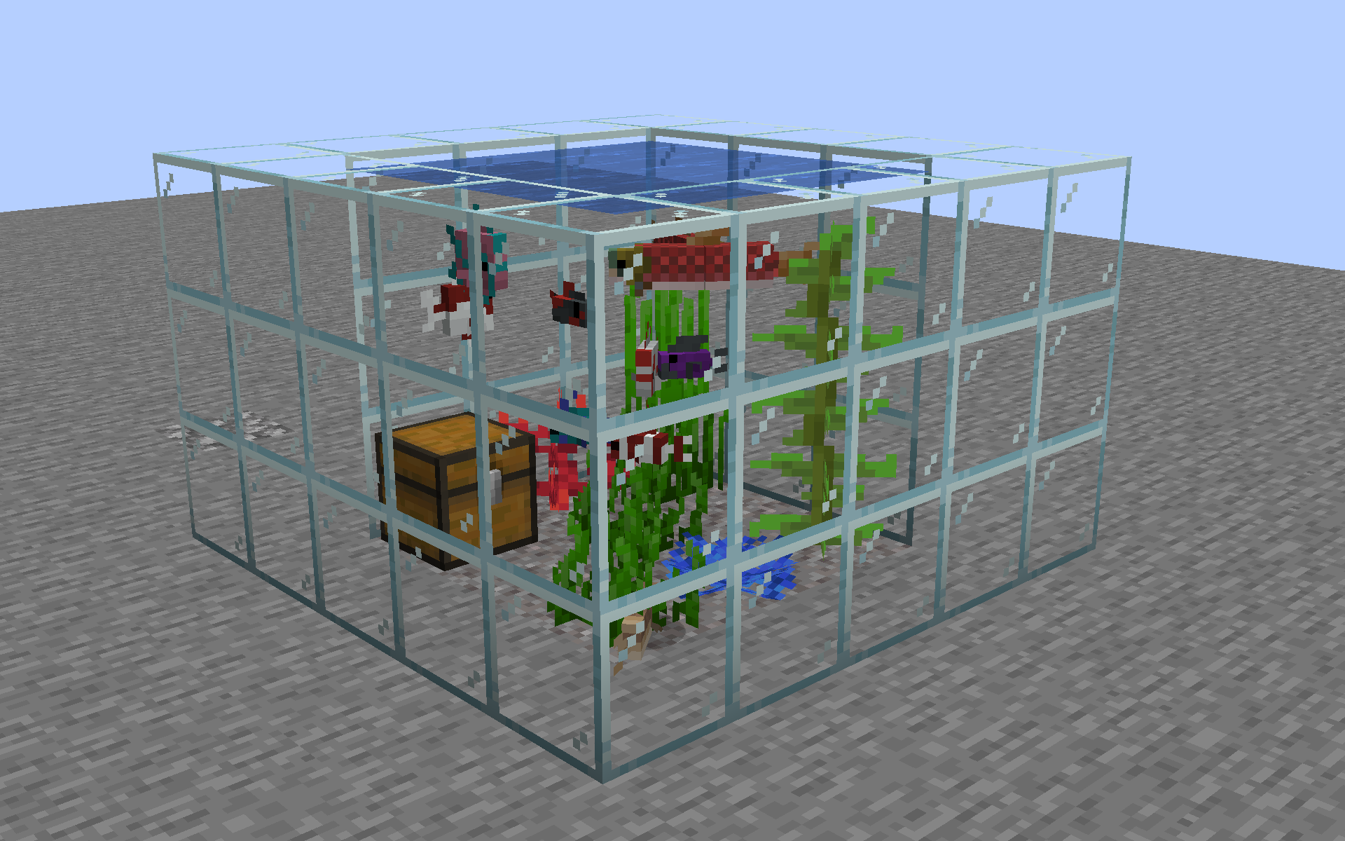 A fish tank with clear non-blue water