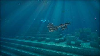 A school of Mackerel swimming by an Ocean Monument