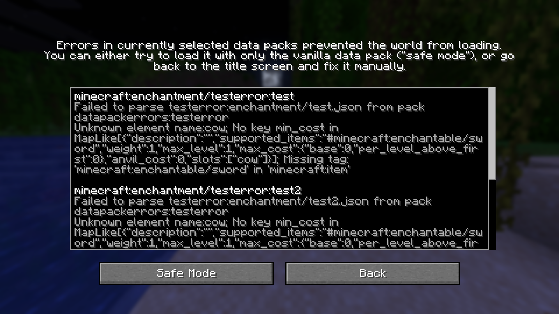 Minecraft menu screen displaying datapack errors