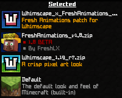 Load order for the resource packs: Fresh Animations above Whimscape, this patch on top of both.