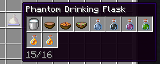 Phantom drinking flask in inventory displaying various drink items in tooltip