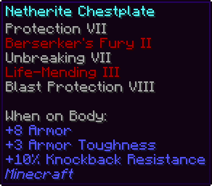 Some Zenith enchantments, as well as some vanilla changes A netherite chestplate enchanted with higher level vanilla enchantments as well as some new enchantments
