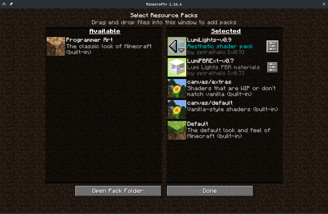 Resoure pack options screen