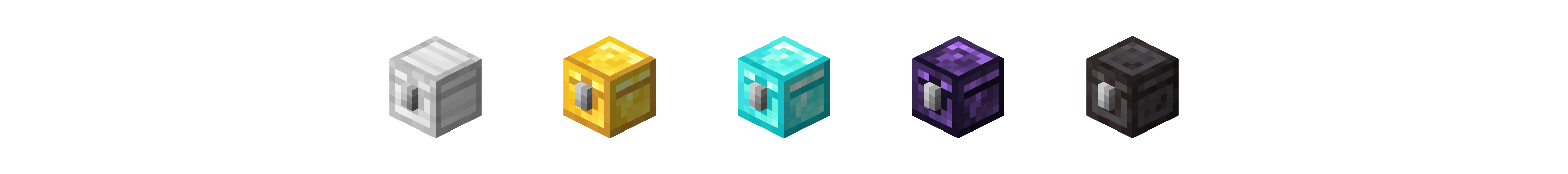Image shows the following mini chests from left to right: iron, golden, diamond, obsidian, and netherite