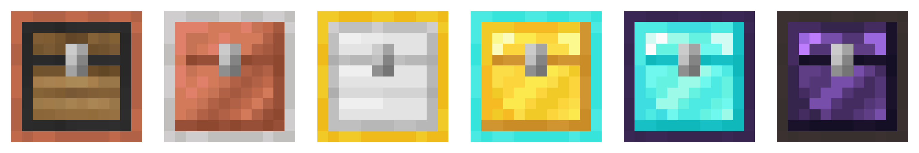Image shows the following conversion kits from left to right: wooden to copper, copper to iron, iron to golden, golden to diamond, diamond to obsidian, and obsidian to netherite
