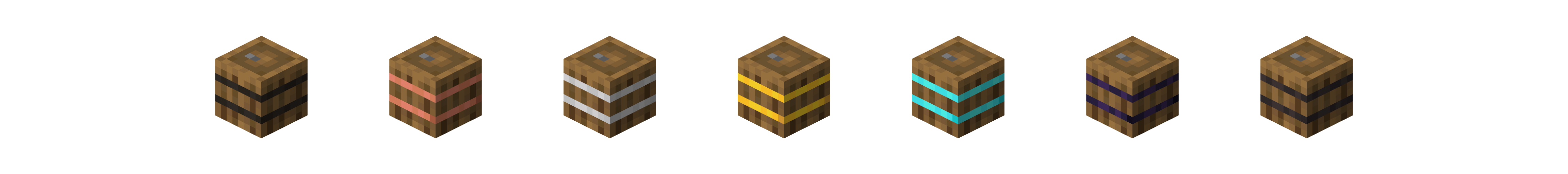 Image shows the following mini barrels from left to right: regular, copper, iron, golden, diamond, obsidian, and netherite