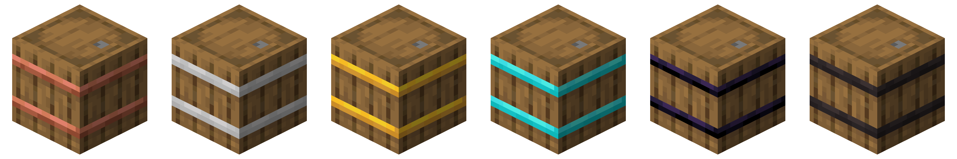 Image shows the following barrels from left to right: copper, iron, golden, diamond, obsidian, and netherite