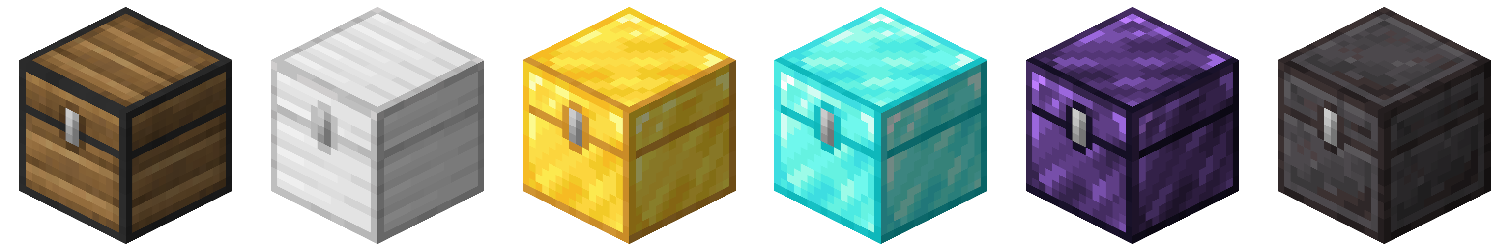Image shows the following classic chests from left to right: wooden, iron, golden, diamond, metallic obsidian, and netherite