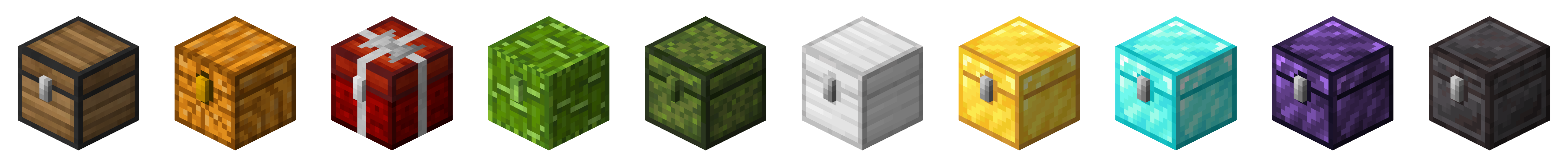 Image shows the following chests from left to right: wooden, pumpkin, present, bamboo, moss, iron, golden, diamond, metallic obsidian, and netherite