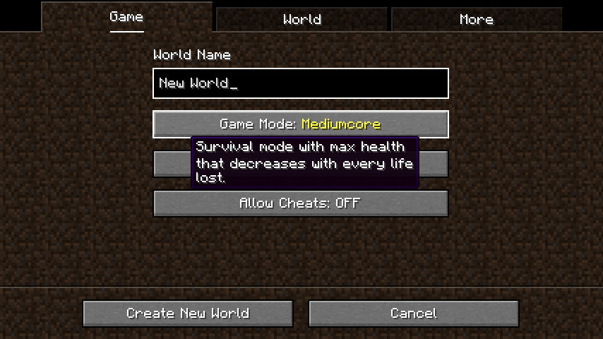 Mediumcore option on world creation screen