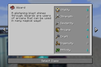 Example class selection menu
