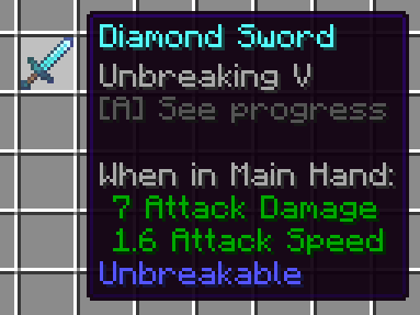 Tooltip for a diamond sword that has Unbreaking V and is marked as Unbreakable