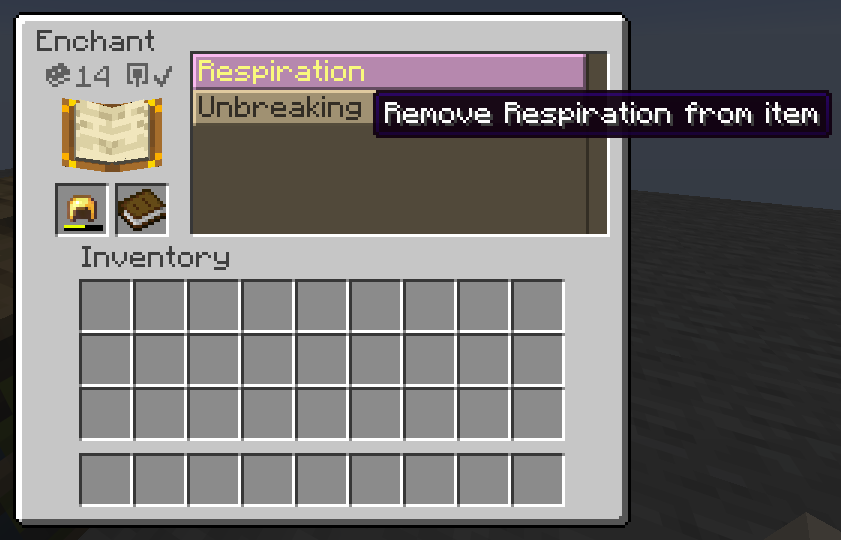 The enchanting table UI with a book in the secondary slot instead of lapis. The list of enchantments shows only two options with a tooltip saying the enchantment will be removed.