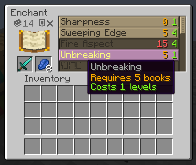 An enchanting table UI showing a list of enchantments with their corresponding costs and book requirements