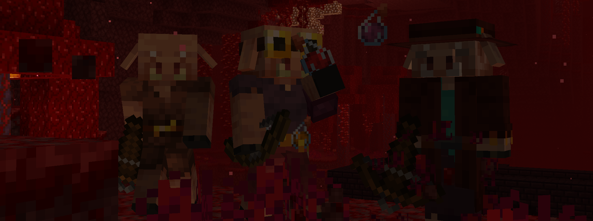 A Piglin, Piglin Alchemist and Pigin Traveler all standing together in the Crimson Forest. The Alchemist is throwing a potion.