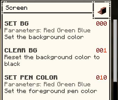 A Datasheet for the "Screen" block showing commands to SET BG, CLEAR BG, and SET PEN COLOR