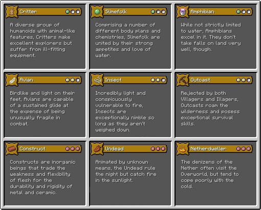 A collage of the in-game descriptions for each origin, featuring Critter, Slimefolk, Amphibian, Avian, Insect, Outcast, Construct, Undead, and Netherdweller.