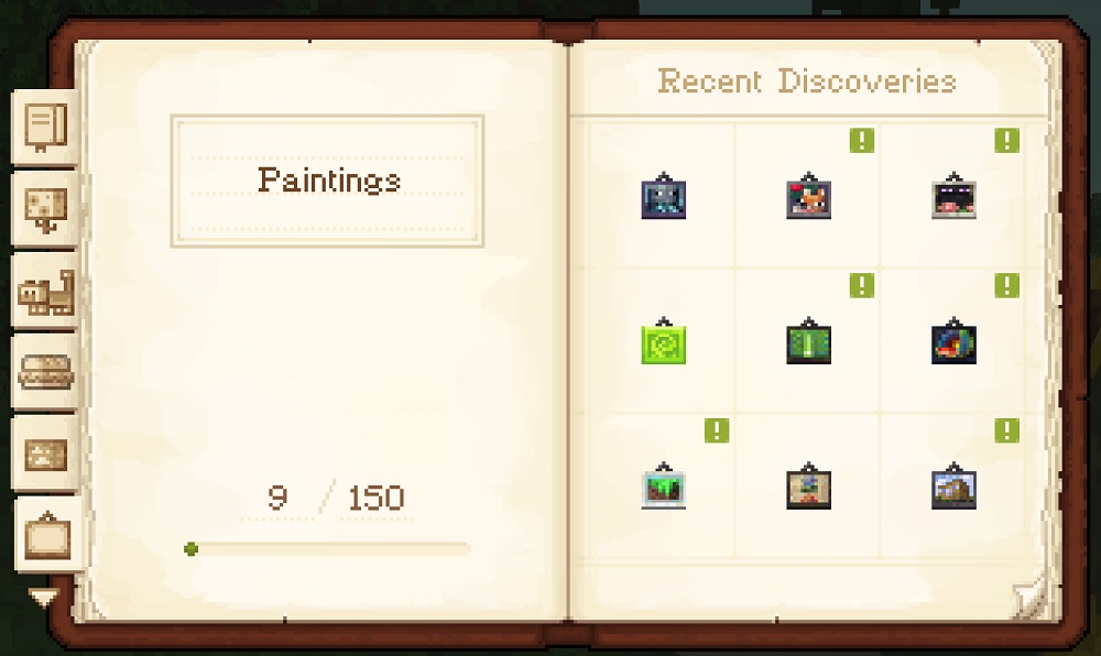 Use the field guide to keep track of the paintings you've collected and see hints on where to find them.