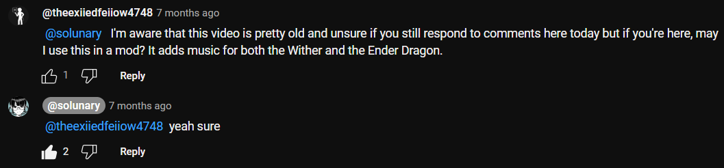 solunary providing their consent towards the usage of his track in the mod