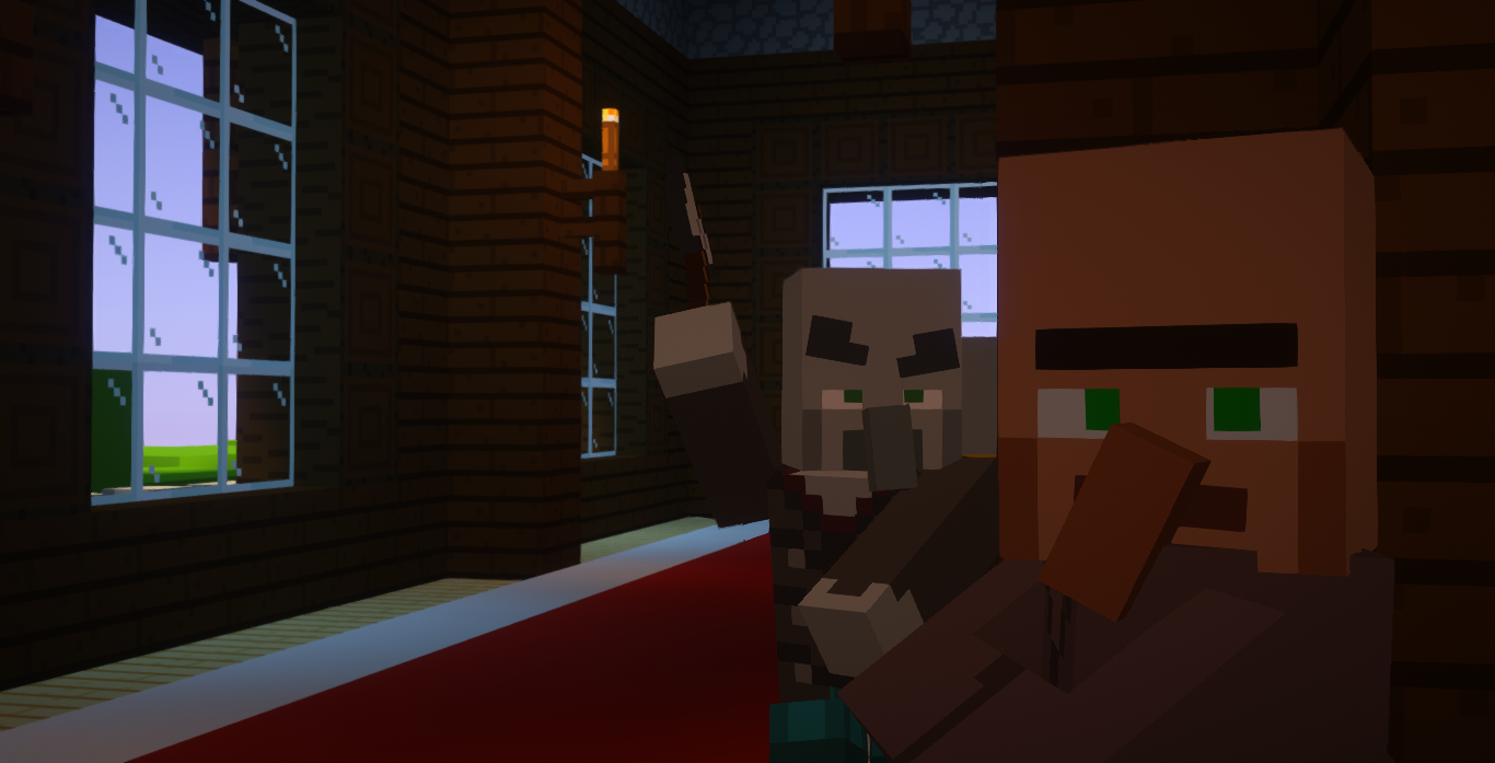 In-game screeshot of a Vindicator attacking a Villager while using Inside the Trailer modpack