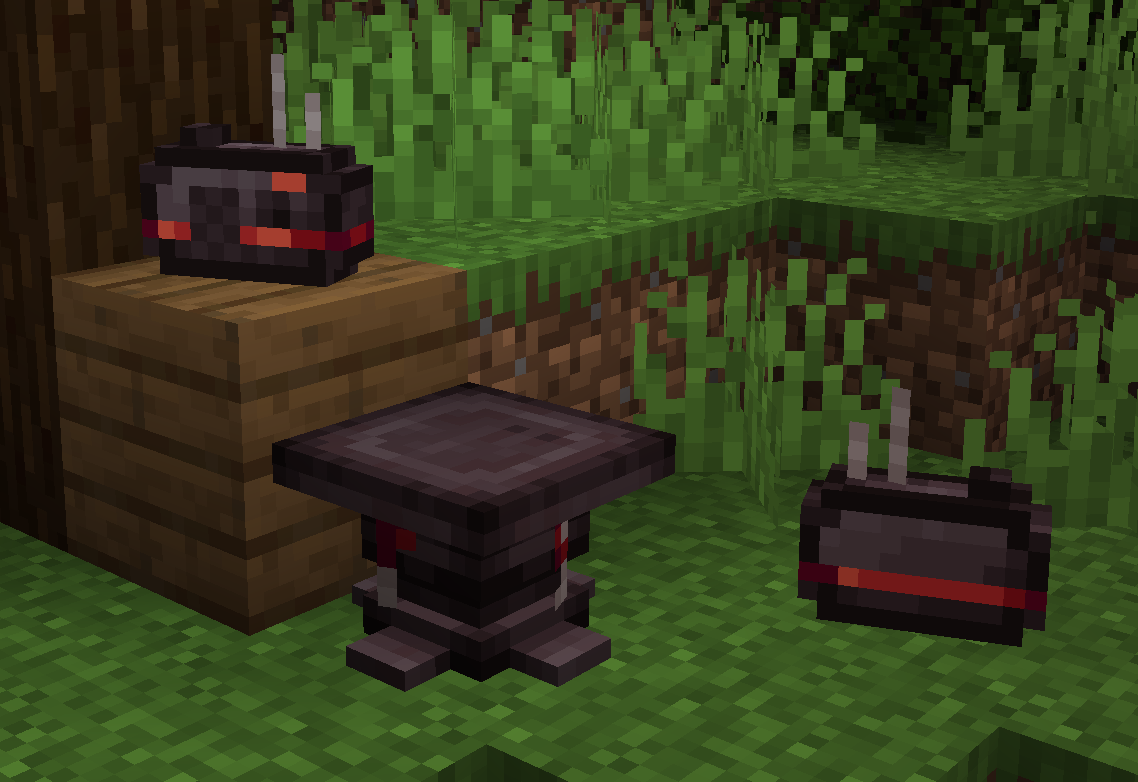 The front and back of the Radio block, and the Radiosmithing Station sitting on some grass next to a wooden pillar.