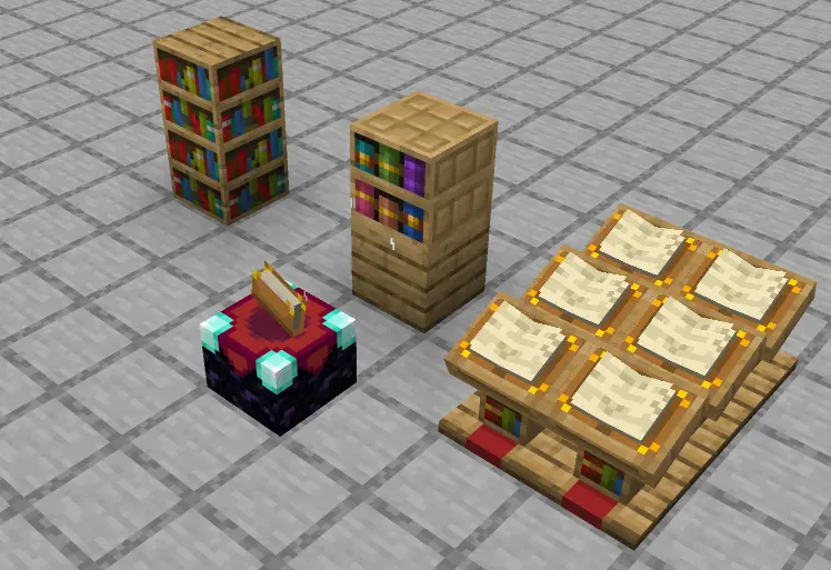 An enchanting table near two bookshelves, one filled chiseled bookshelf, and six filled lecterns