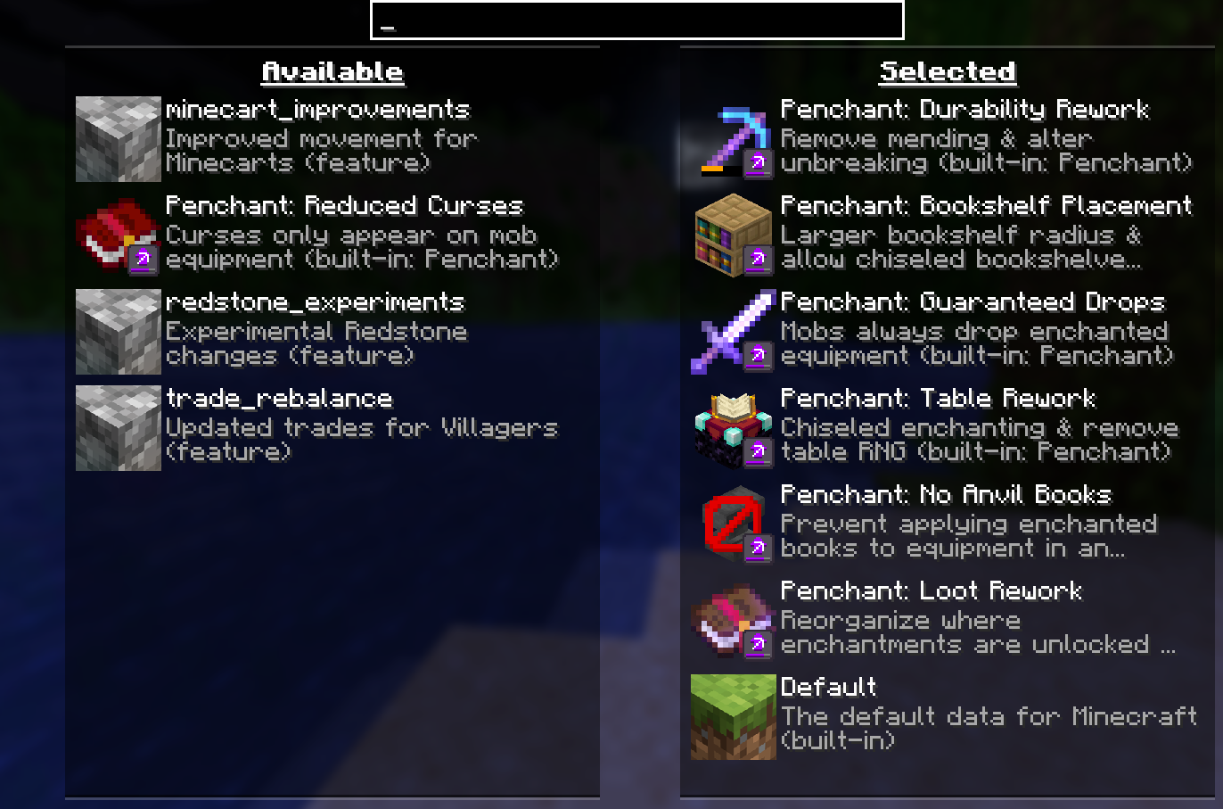 Datapack selection screen including a datapack for each Penchant module