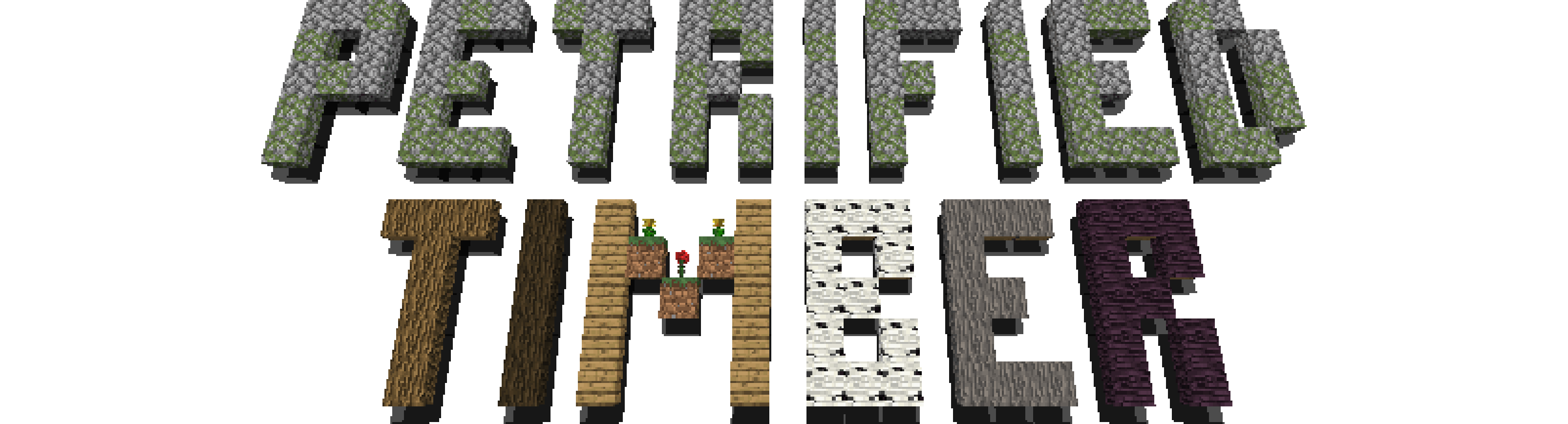Text "Petrified Timber" built using blocks from the mod