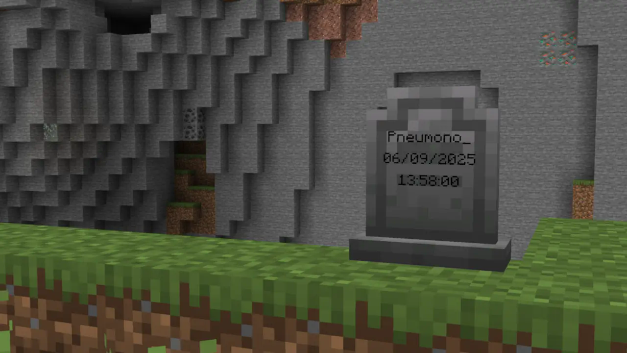 A screenshot of a gravestone in front of a cliff. Written on the gravestone is the name Pneumono_, and the date and time of death.