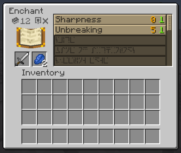 Enchanting table UI for a sword displaying only sharpness and unbreaking