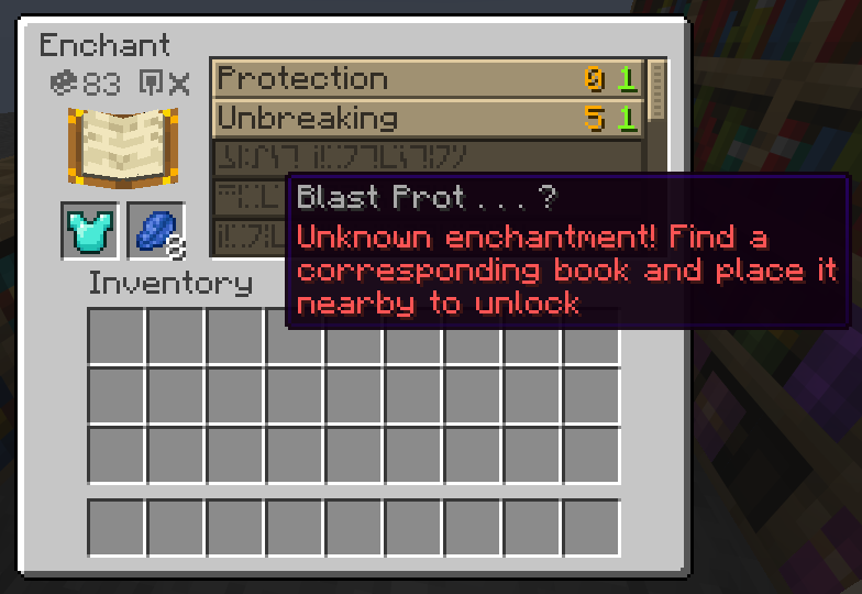 The enchanting table UI again. A tooltip telling part of an enchantment name and instructions to unlock is displayed for an enchantent option, which is in the enchanting glyphs font.