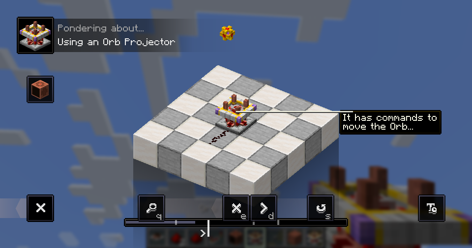 A screenshot of the Ponder interface, demonstrating a tutorial for using the Orb Projector, a block from Pulsetech