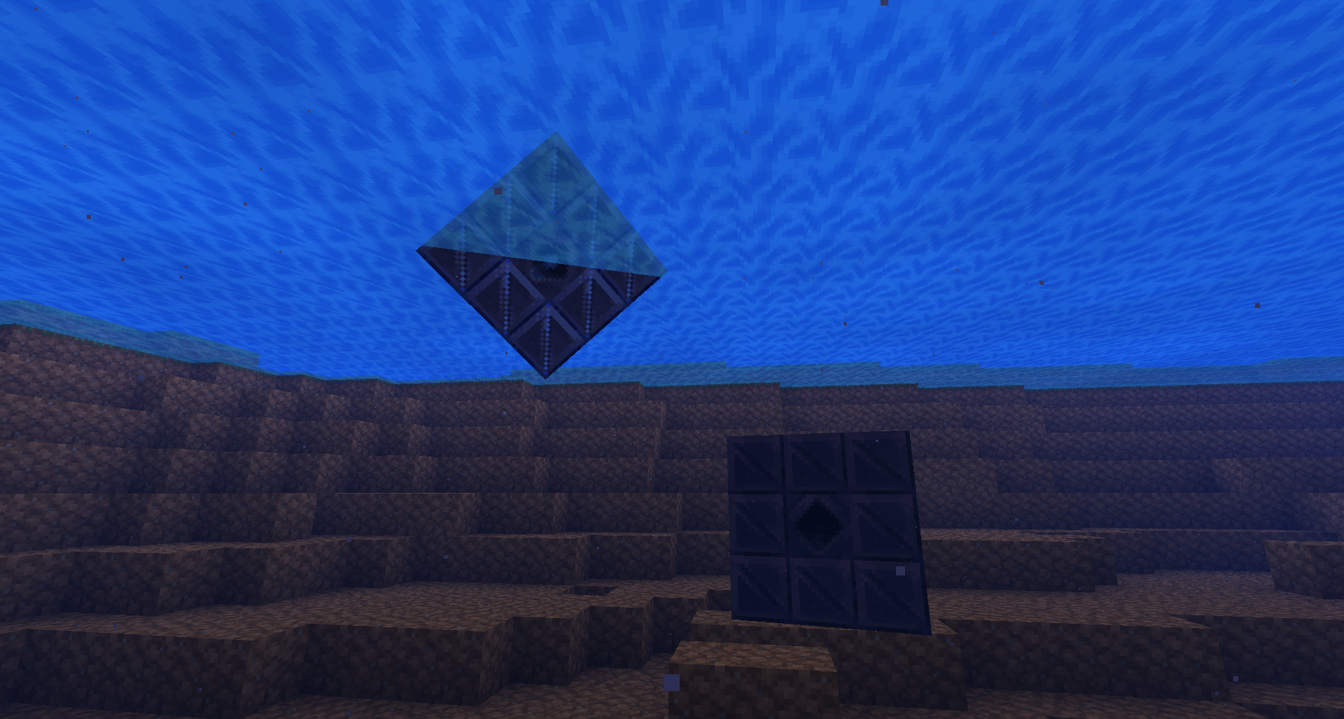 Various cubes of strange rocks floating in the end, and a polished block of obsidian also floating due to two end lamps