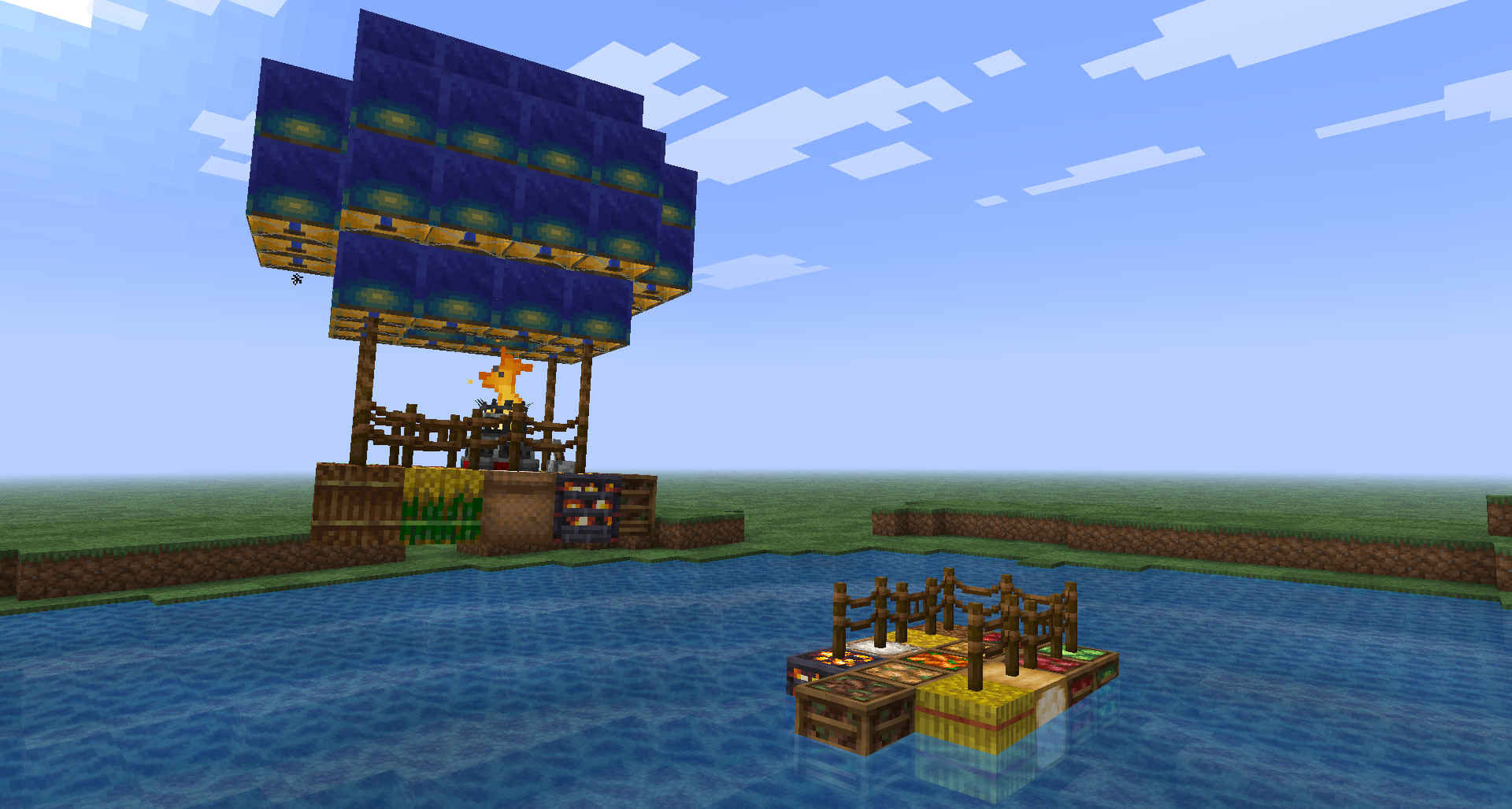 Two ships composed of various crates and bales, one floating in the air with a balloon made of lanterns.