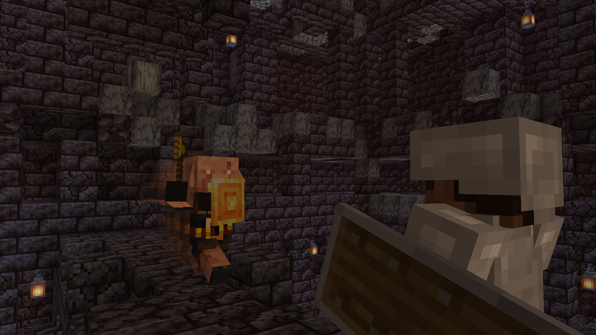 A Piglin Brute charges at the player using the new Buckler shield variant