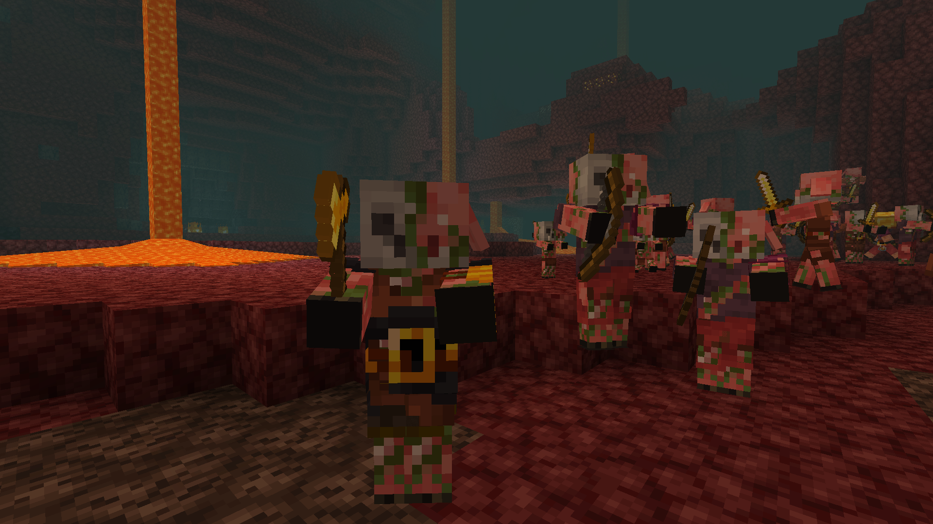 A Zombified Piglin that was converted from a Piglin Brute - it still has a characteristic golden belt and axe - along with other new Piglin variants in the background