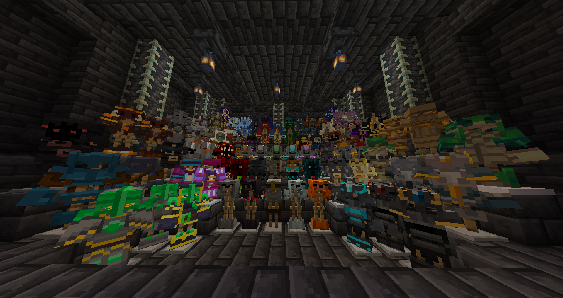An image showcasing all of the armor from MC Dungeons Armor on armor stands