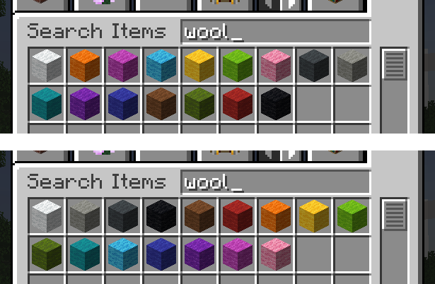 Wool in the creative inventory, before and after