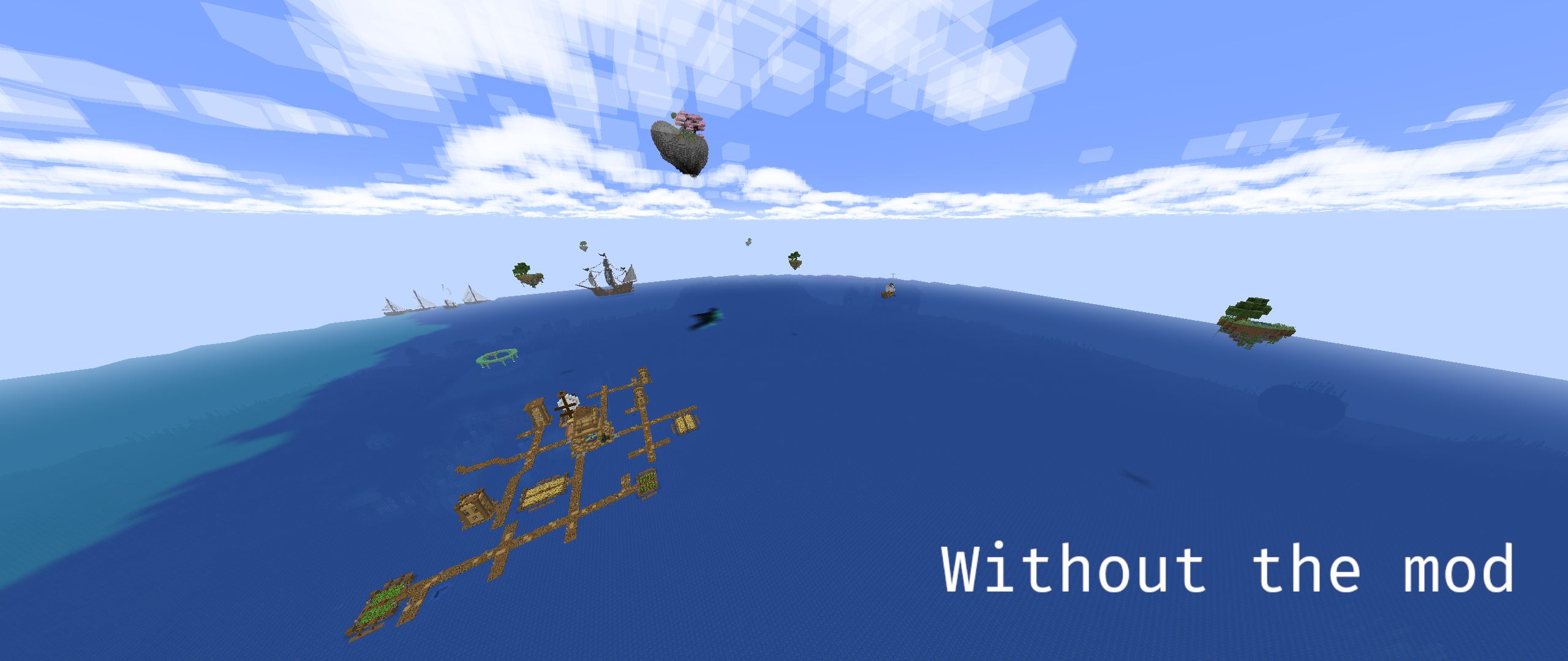First screenshot of the comparison, showing many (maybe too many) structures at once in the ocean because of the quantity of structure mods installed.