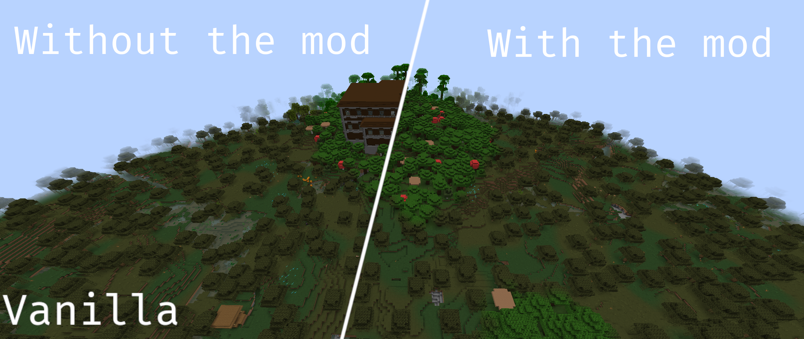 Comparison between two world on the same seed, the one on the left showing a witch hut and a mansion (without the mod), the one on the right showing the same terrain but without those structures