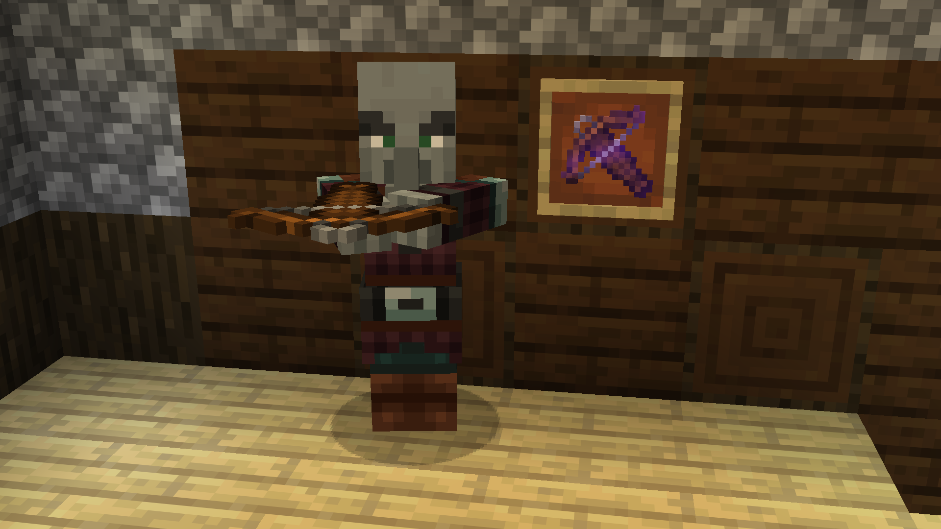 Pillager next to an enchanted crossbow in an item frame