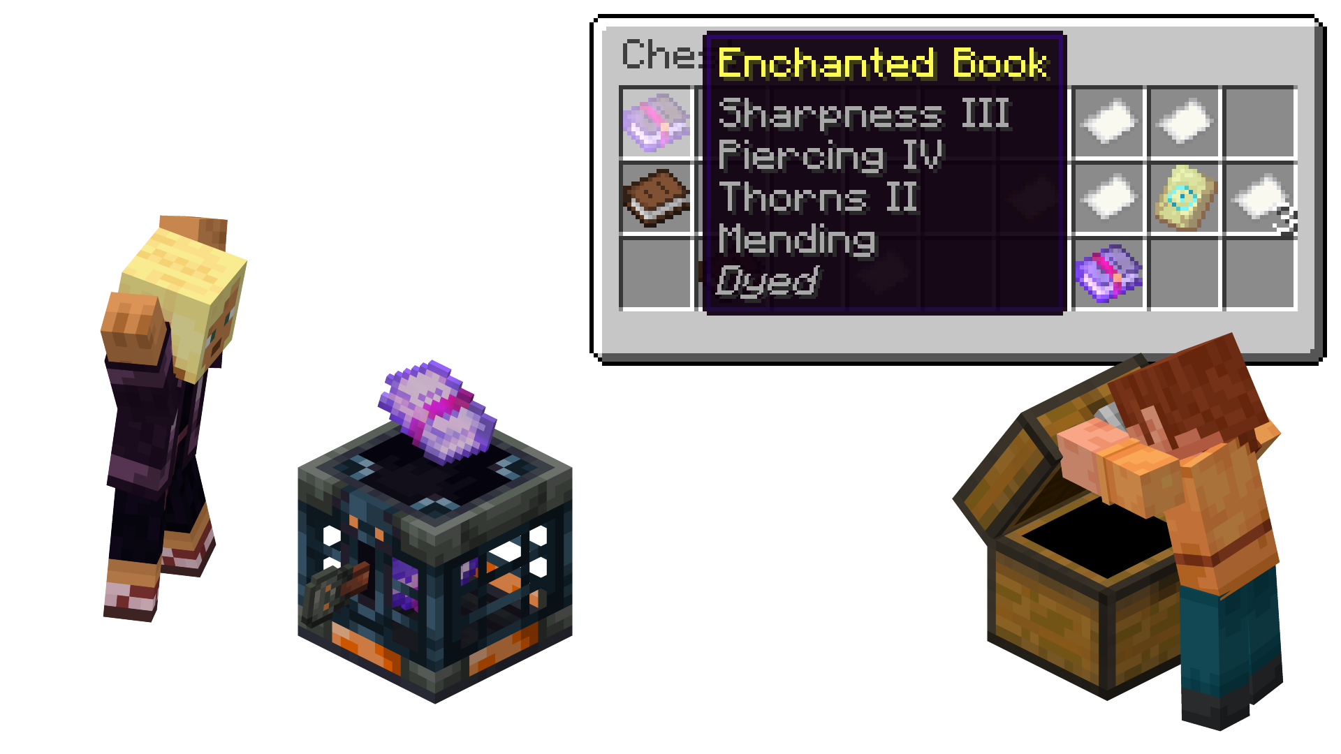 1 GUI: Chest with loot, and a tooltip showing an Enchanted Book that is "Dyed". Outside of GUIs: Kai jumps as a Vault shoots out an Enchanted Book dyed white & Ari looks into a chest