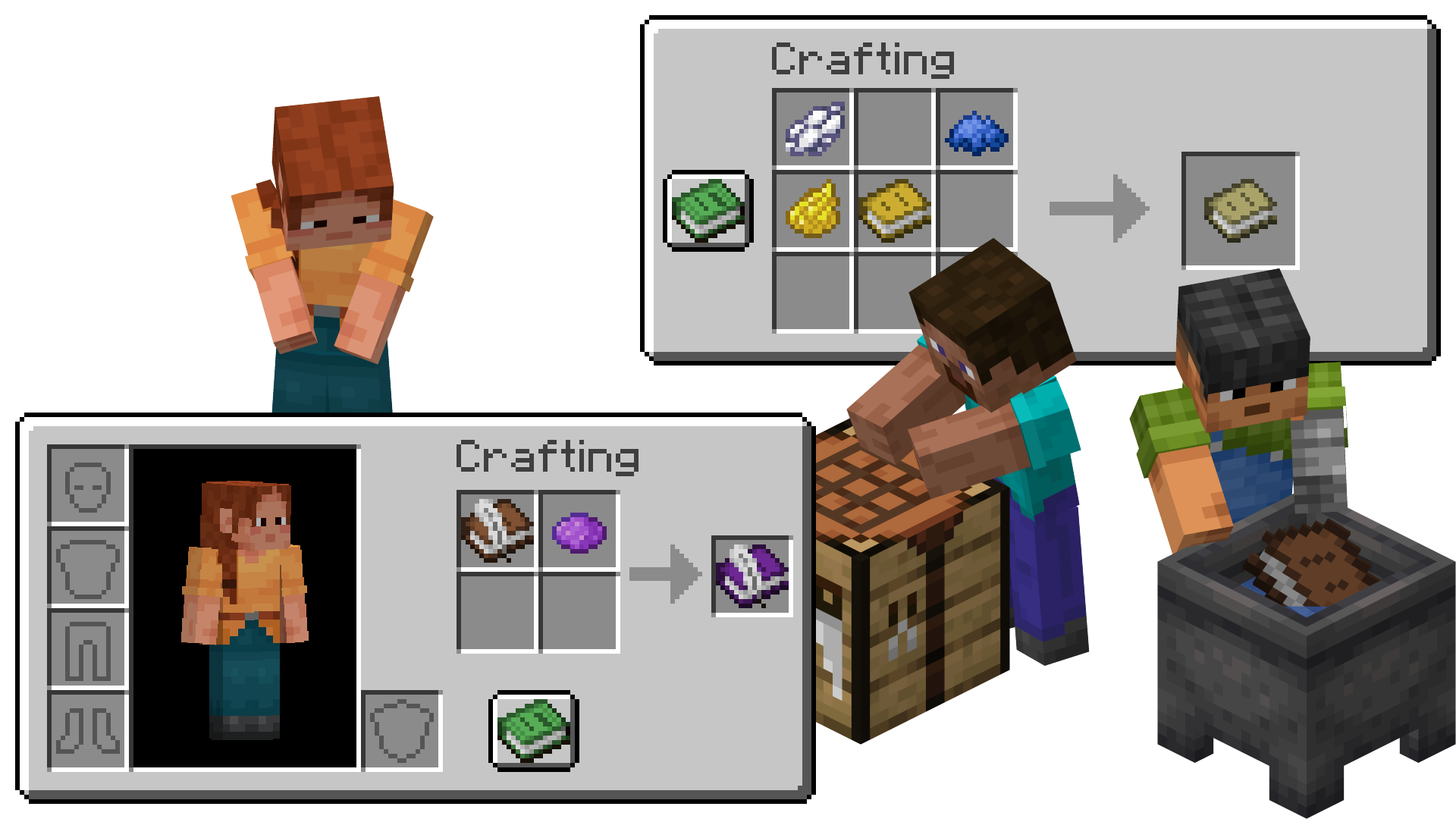 2 GUIs: Inventory, where a Book and Quill is combined with Purple Dye to dye it & Crafting Table, where an already dyed Book is combined with White, Blue & Yellow dye to give it a unique tint. Outside of the GUIs: Ari is looking down at her hands, Steve is looking at a Crafting Table & Sunny is washing the dye of a book in a Water Cauldron