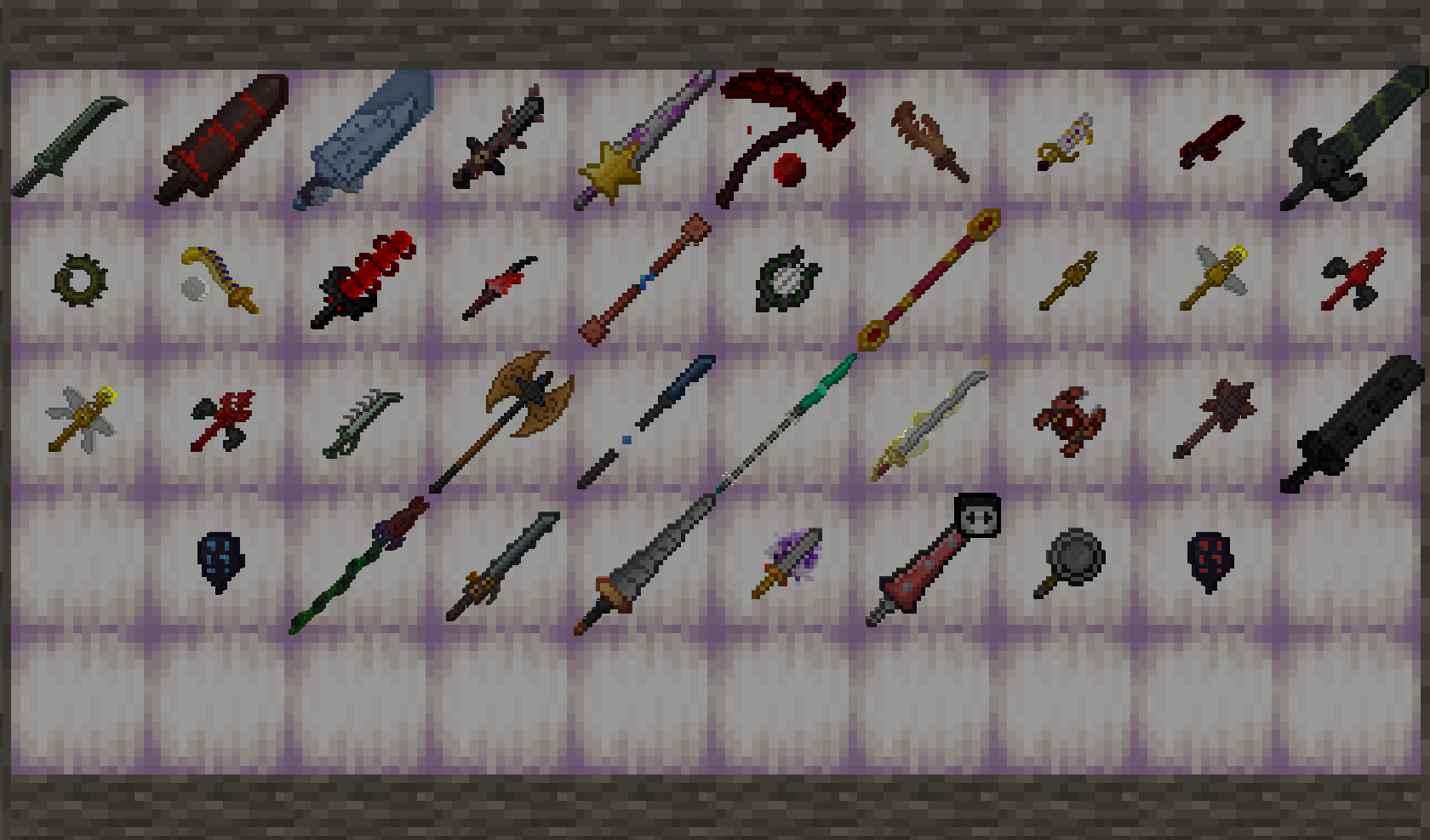 A display of the Unique Weapons added in this mod.