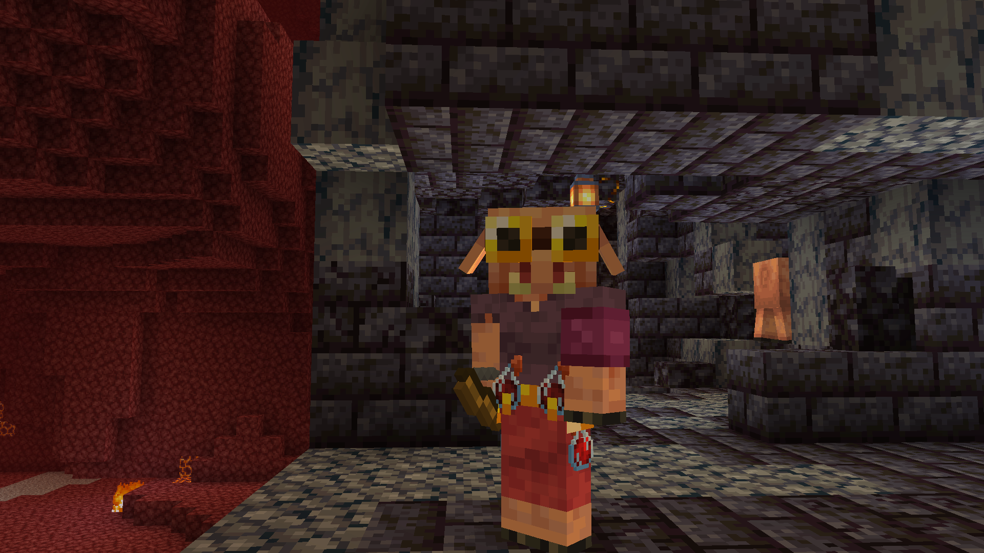 A lone Piglin Alchemist at the Bastion, pondering its next alchemy project.