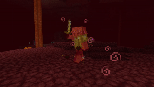 Video of a Piglin Alchemist throwing a strength potion at a Piglin after it retreats from fighting the player. The Piglin kills the player after it comes back.